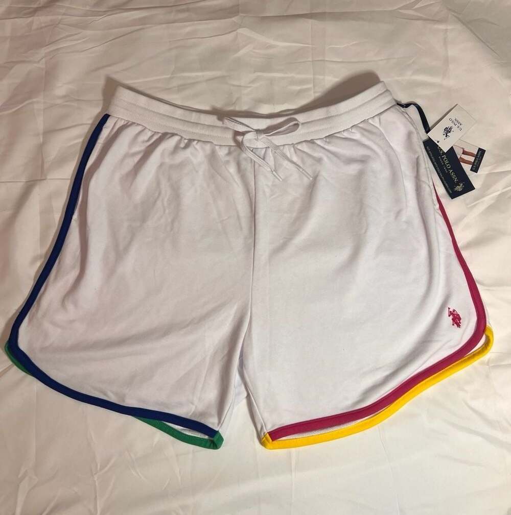 U.S. Polo Assn. Women's White Athletic Drawstring Shorts with Rainbow Trim